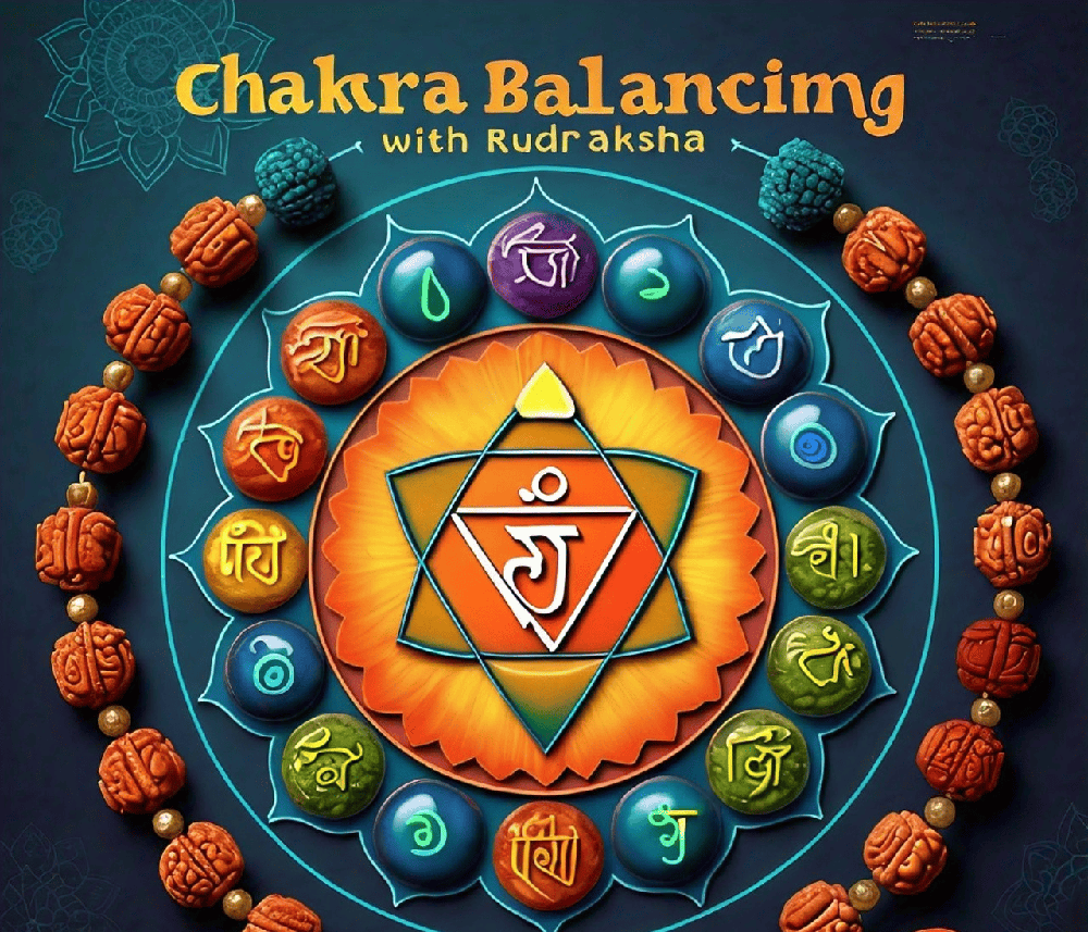 An illustration or infographic depicting the correspondence between different types of Rudraksha and the chakras, highlighting their potential for balancing and aligning these energy centers